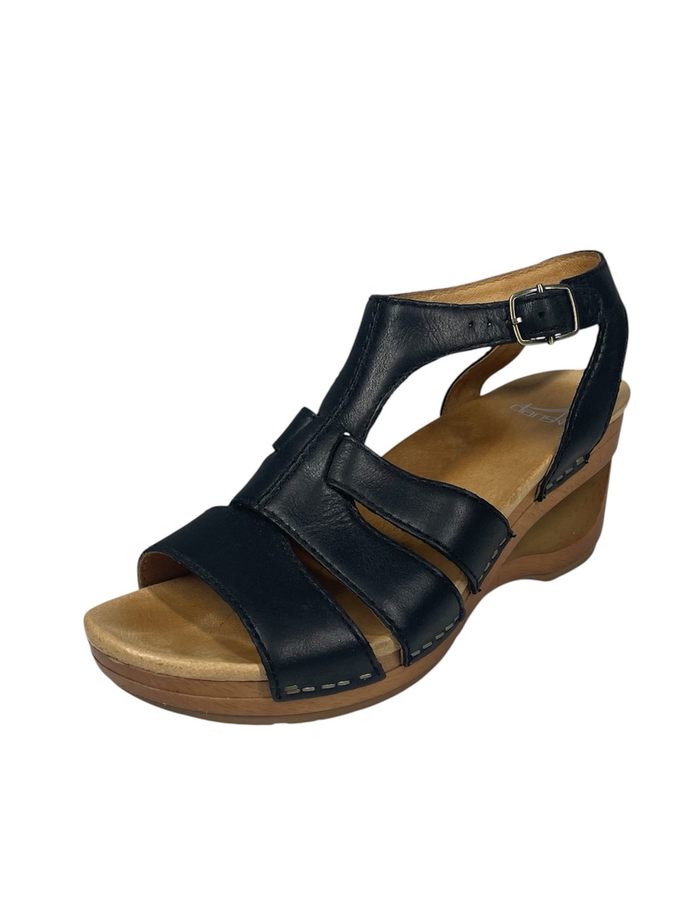 Dansko Trudy Wedge Sandal Size 38 7.5 8 Black Calf Leather Shoes Clogs Cutout